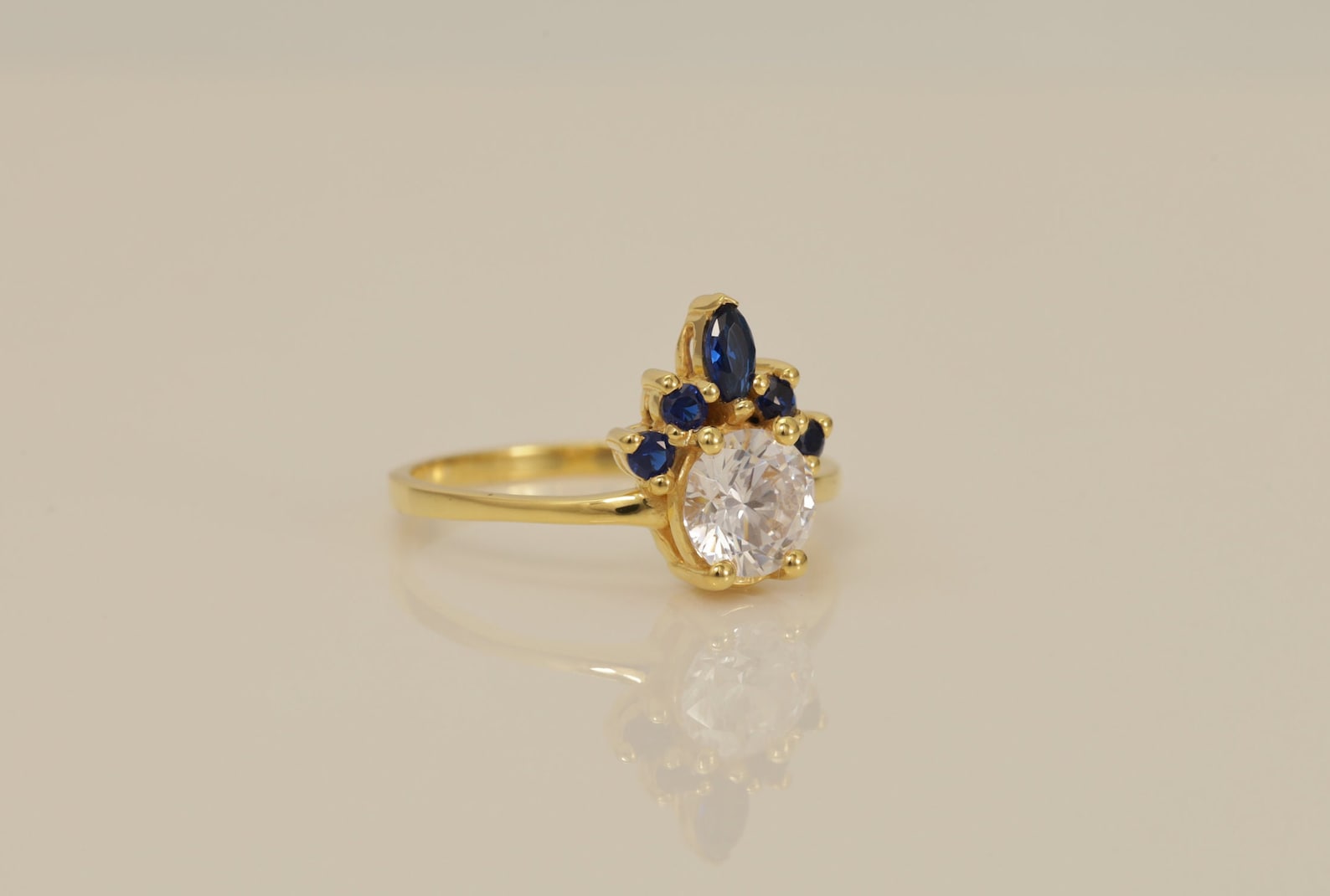 Blue Sapphire and Diamond Engagement Ring, September Birthstone Ring, Sapphire & Diamond Crown Ring, Unique Promise Ring