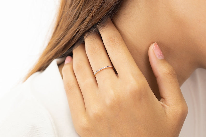 Micro Pave Amethyst Wedding Band, Sterling Silver Dainty Stackable Band, February Birthstones, Stacking Ring