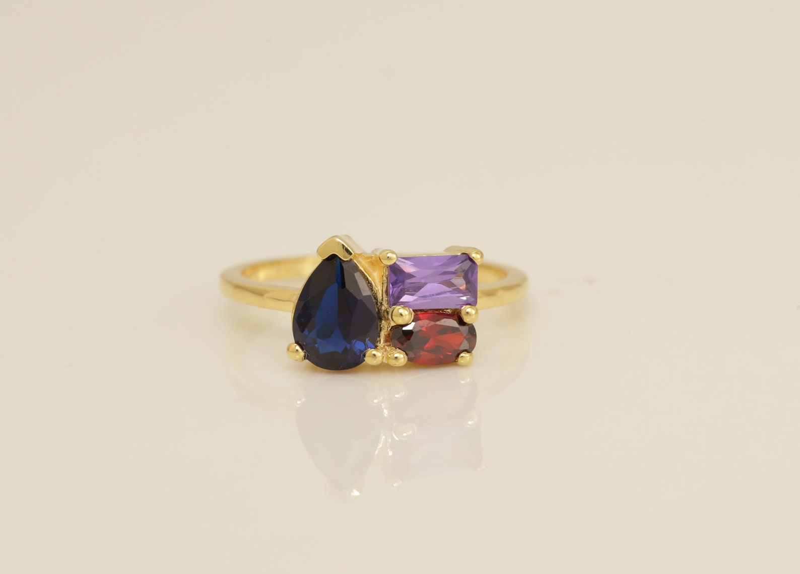 Blue Sapphire Engagement Ring, 3 Stone Sapphire Amethyst Garnet Ring, Birthstone Ring, Anniversary Ring, Promise Ring