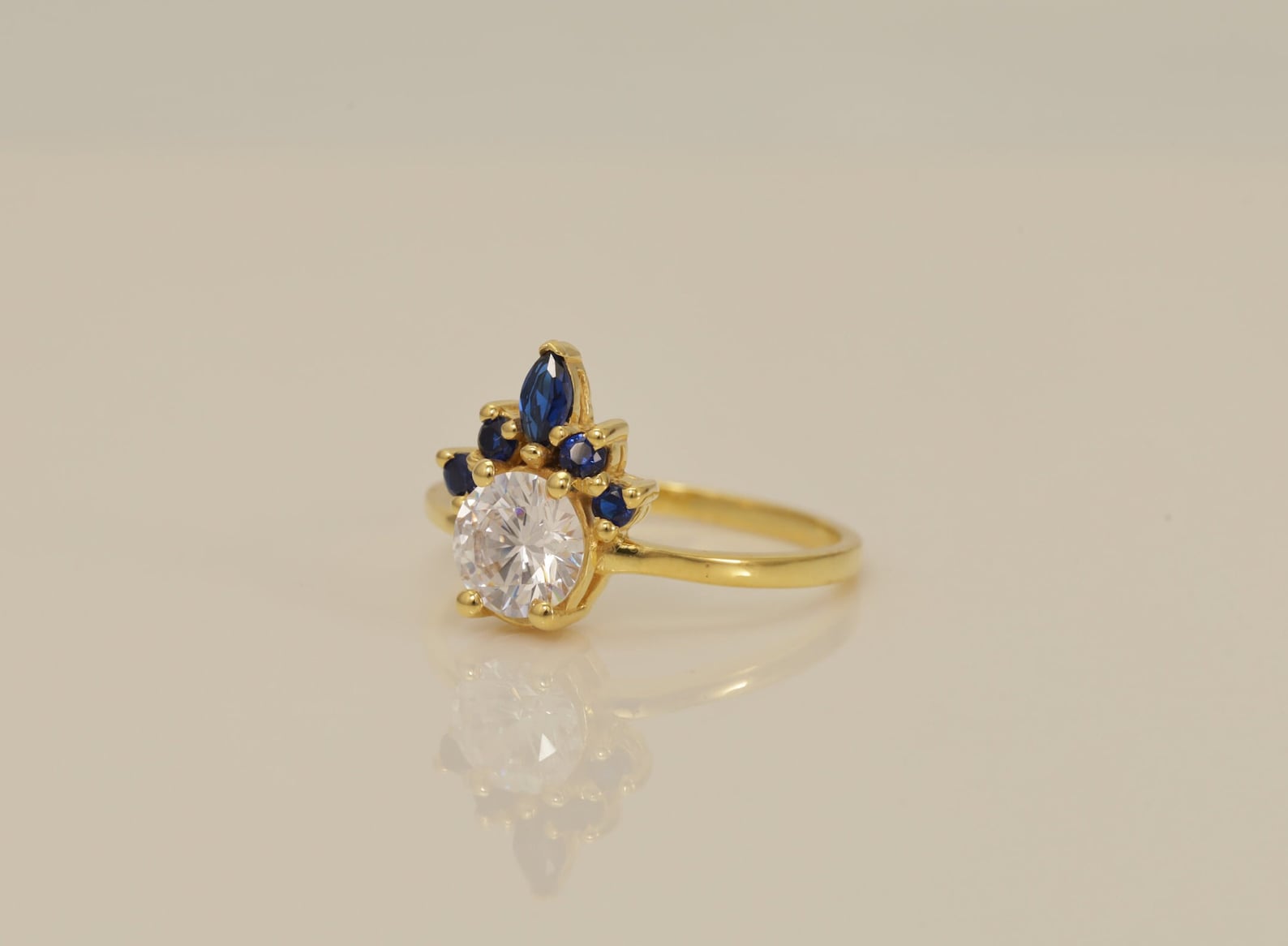 Blue Sapphire and Diamond Engagement Ring, September Birthstone Ring, Sapphire & Diamond Crown Ring, Unique Promise Ring