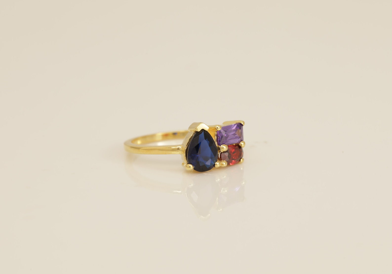 Blue Sapphire Engagement Ring, 3 Stone Sapphire Amethyst Garnet Ring, Birthstone Ring, Anniversary Ring, Promise Ring