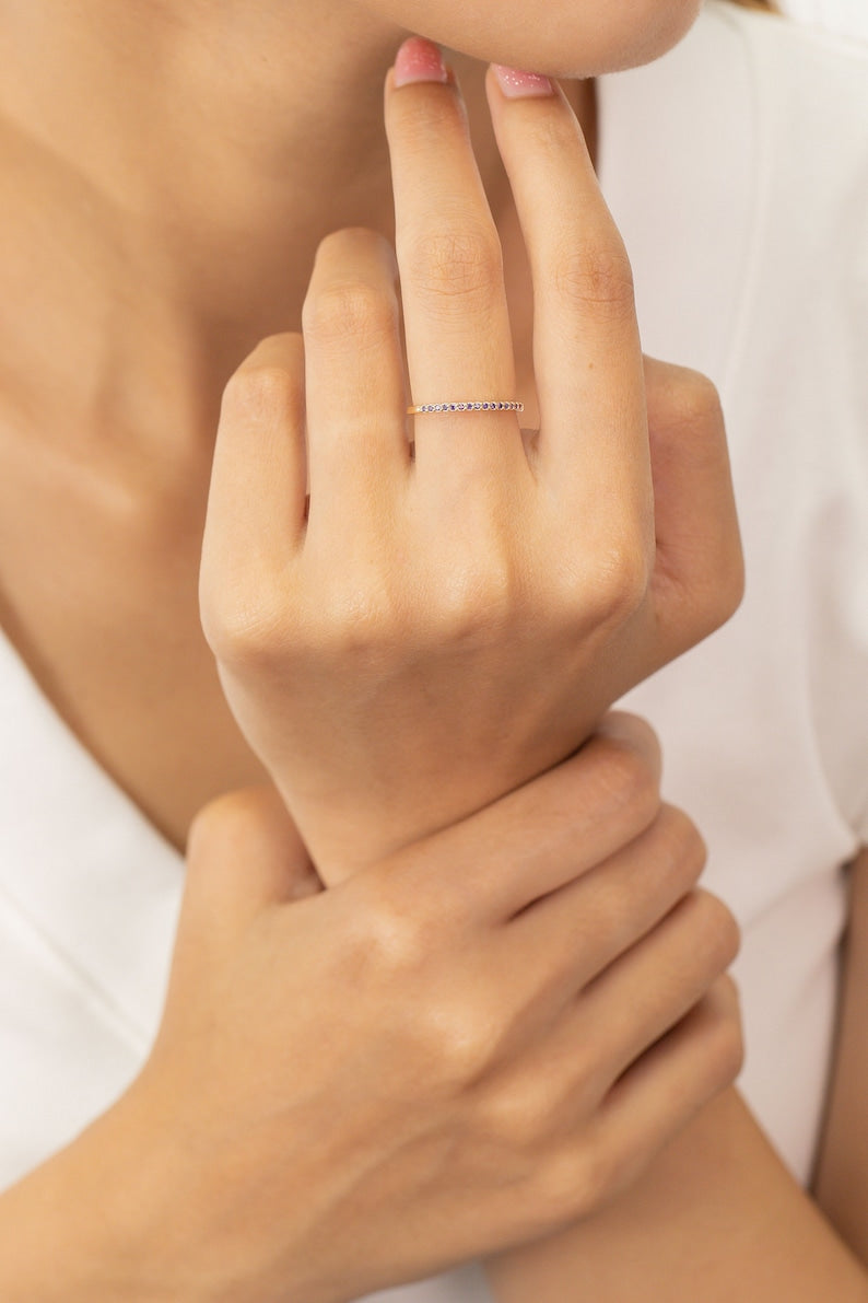 Micro Pave Amethyst Wedding Band, Sterling Silver Dainty Stackable Band, February Birthstones, Stacking Ring