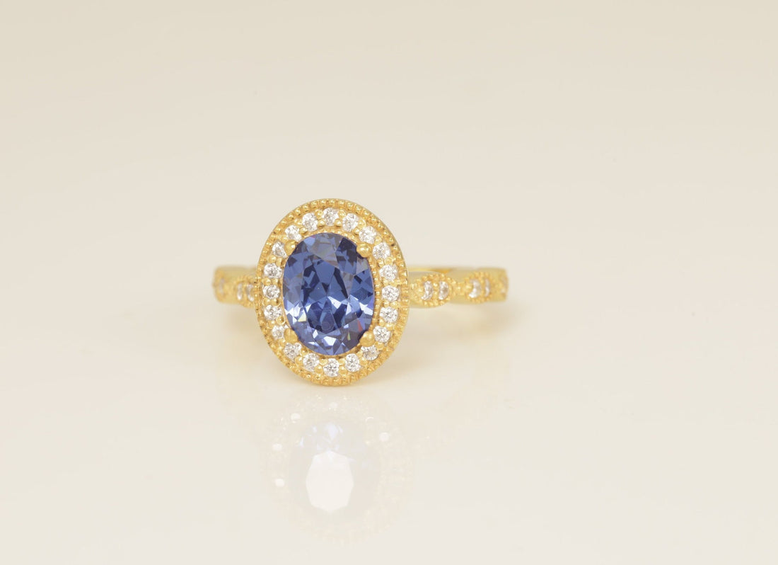Diamond Halo Blue Sapphire Engagement Ring, September Birthstone Ring, Oval Shape Blue Sapphire Wedding Ring, Anniversary Ring