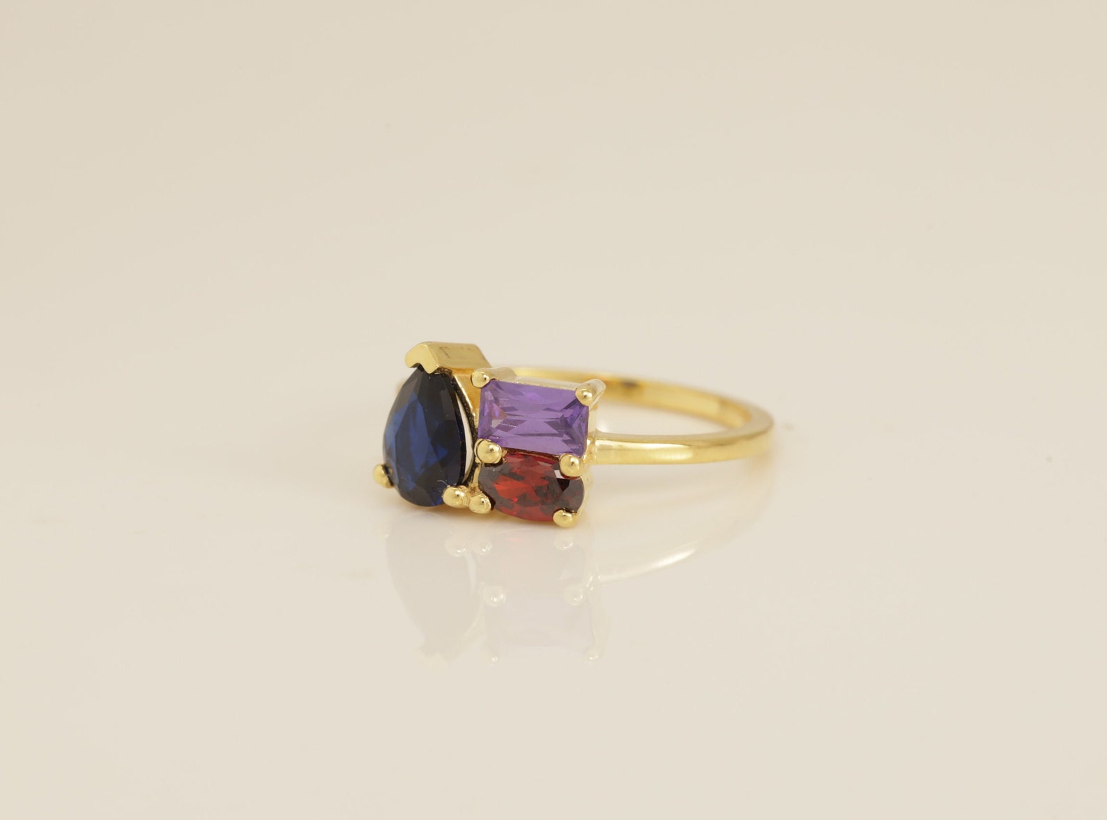 Blue Sapphire Engagement Ring, 3 Stone Sapphire Amethyst Garnet Ring, Birthstone Ring, Anniversary Ring, Promise Ring