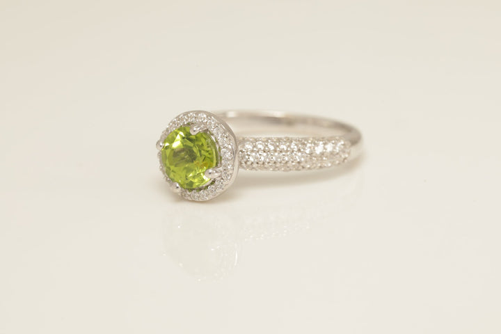 Diamond Halo Peridot Engagement Ring, August Birthstone Ring, Micro Pave Wedding Ring, Delicate Promise Ring, Anniversary Gift