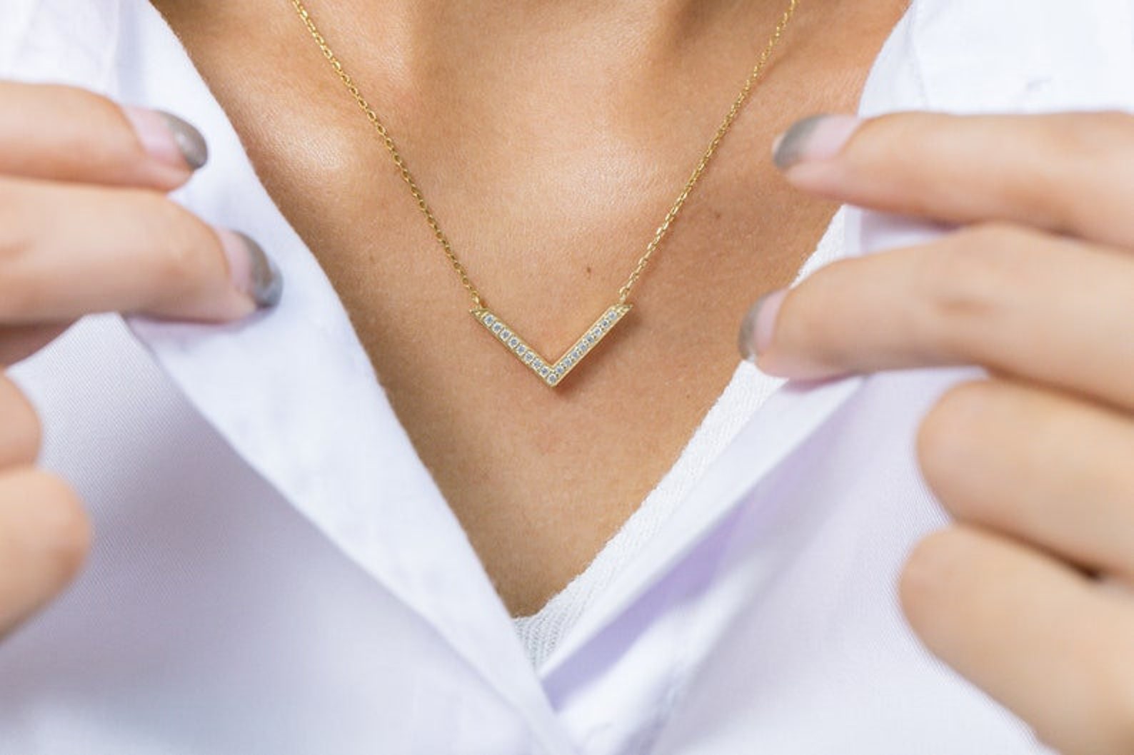 Diamond Chevron Necklace, V Shape Necklace, Geometric Chevron Bar Necklace, Minimalist Necklace Gift for Her