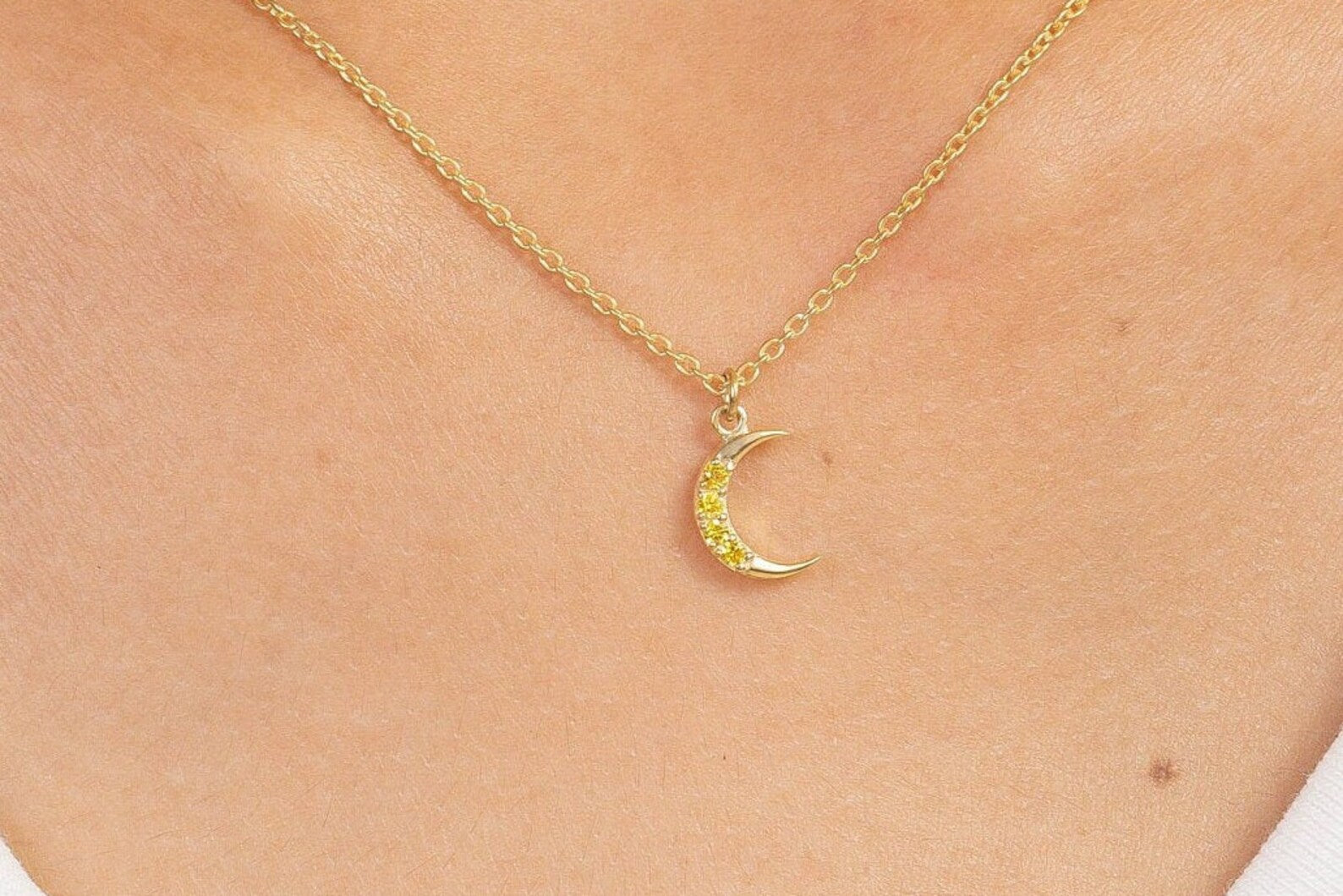 Crescent Moon Yellow Sapphire Necklace, September Birthstone Necklace, Unique Necklace Gift for Women, Crescent Charm