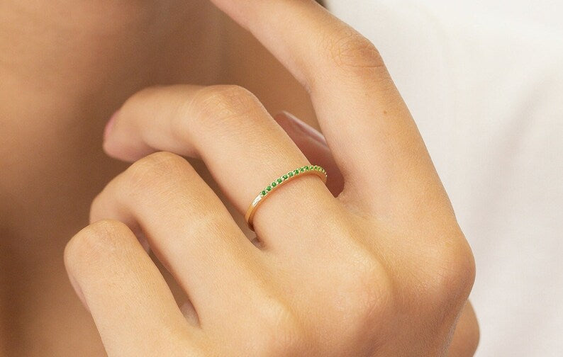 Micro Pave Emerald Wedding Band, Sterling Silver Dainty Stackable Band, May Birthstones, Stacking Ring