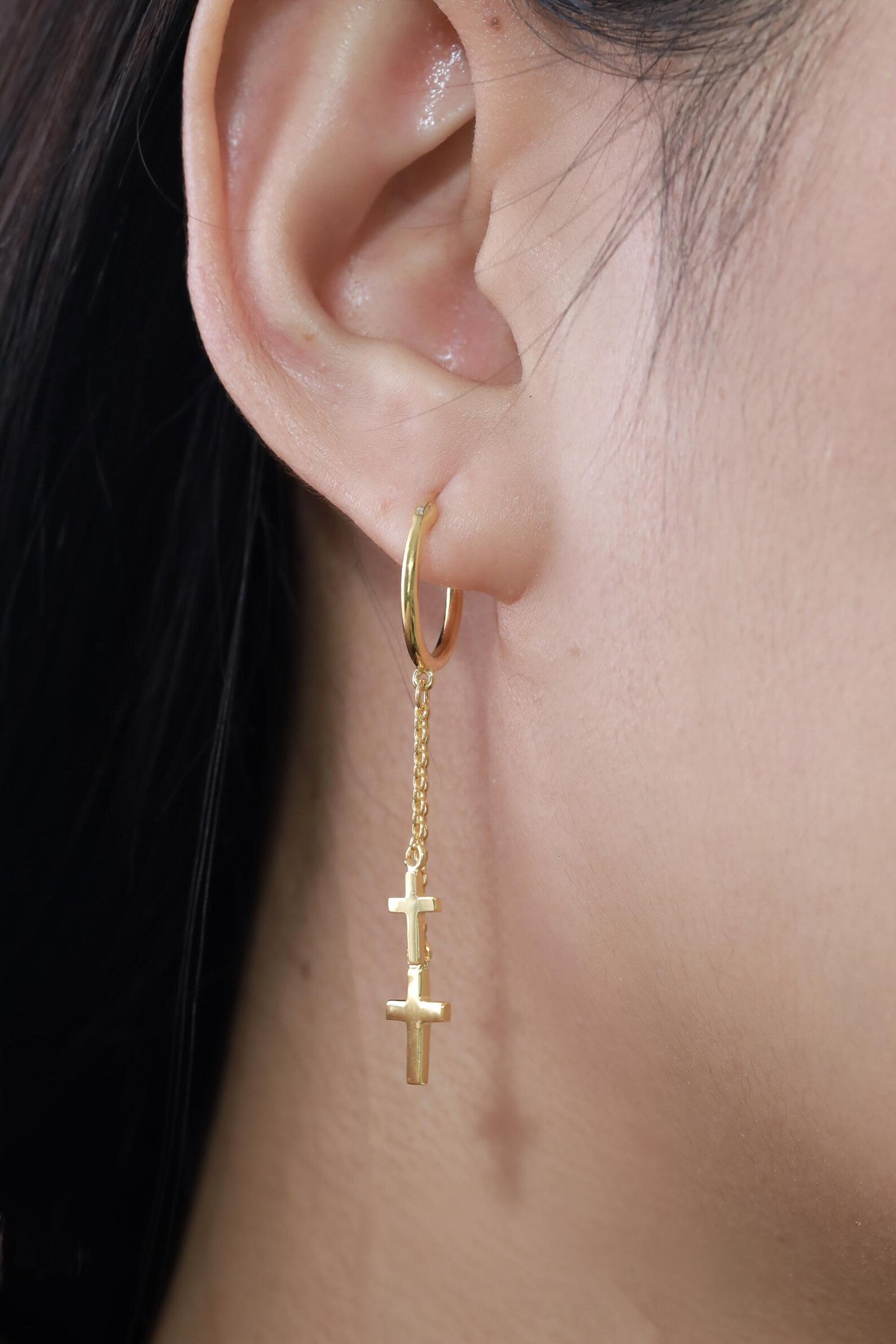 Dangle Drop Cross Hoop Earrings, Religious Earrings Gift for Women, Long Chain Cross Earrings, Huggie Hoop Earrings Gift for Her