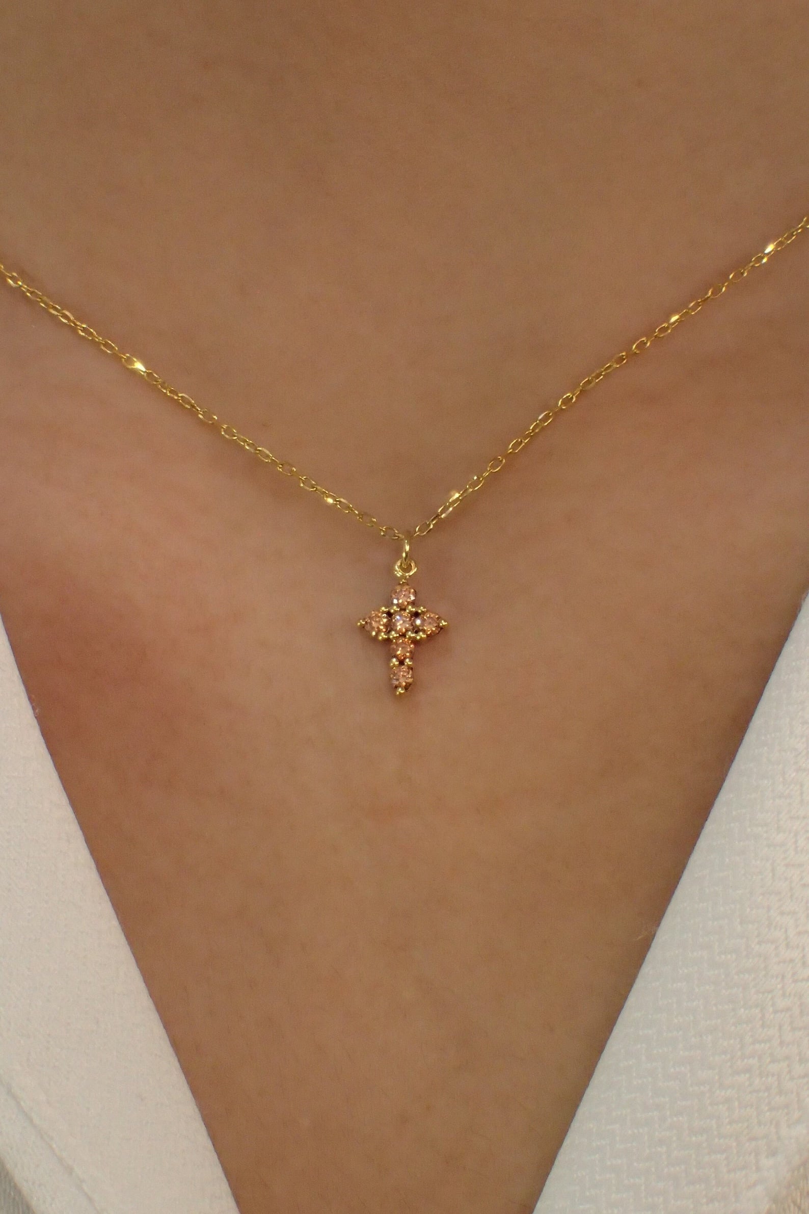 Citrine Necklace / Tiny Cross Pendant for Women / November Birthstone Necklace / Religious Necklace Gift