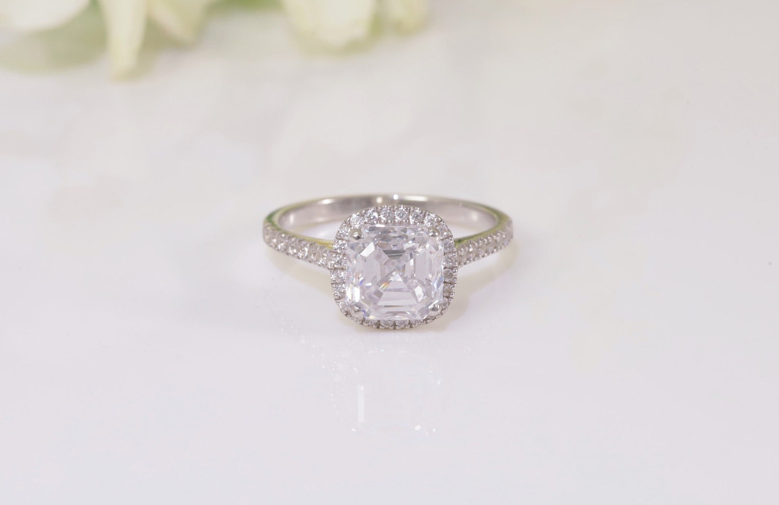 9x9mm Asscher Cut Diamond Halo Engagement Ring, 4.0 CT Diamond Proposal Ring for Her, Square Diamond Ring, Promise Ring