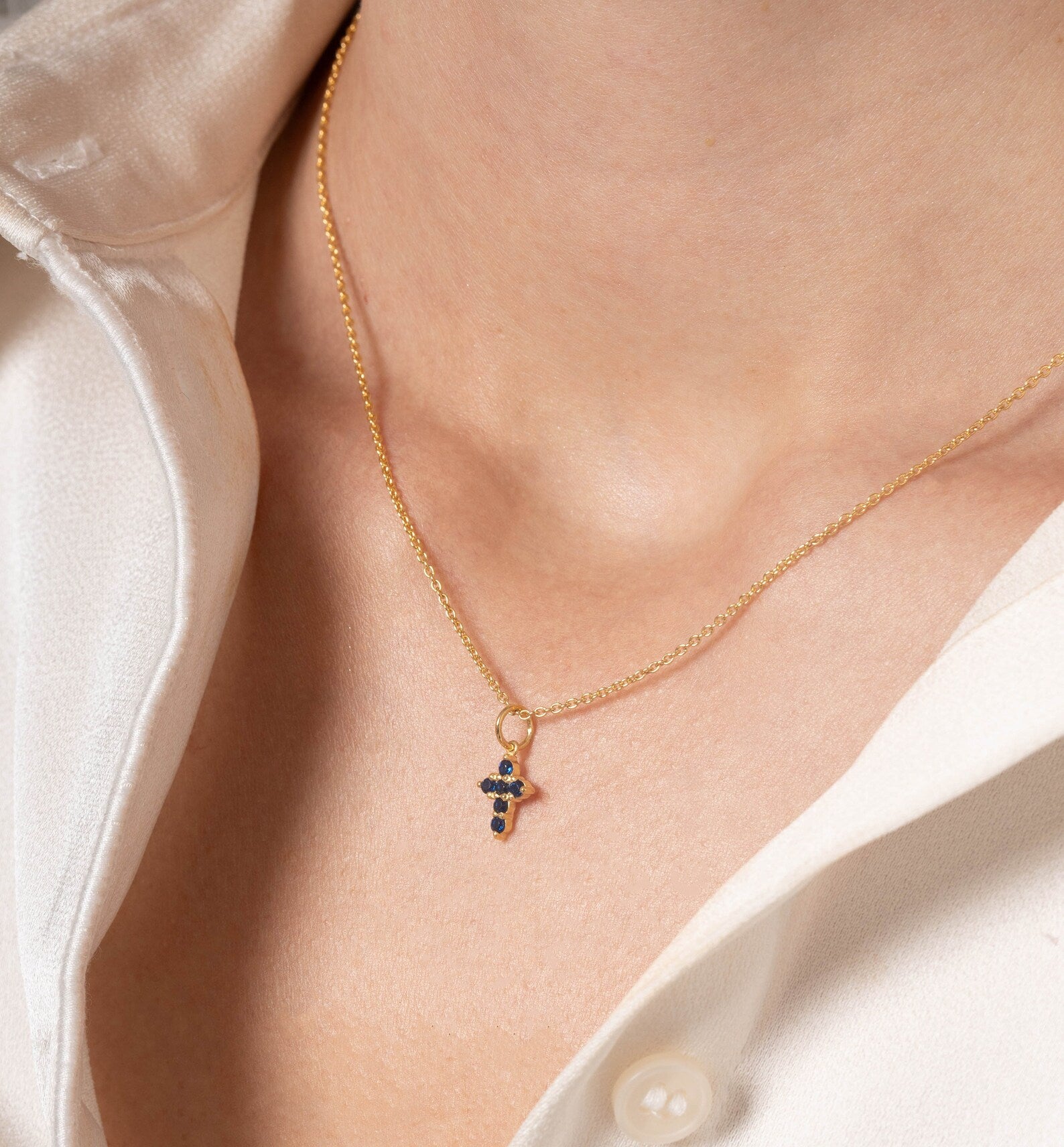 Blue Sapphire Necklace / Tiny Cross Pendant for Women / September Birthstone Necklace / Religious Necklace Gift