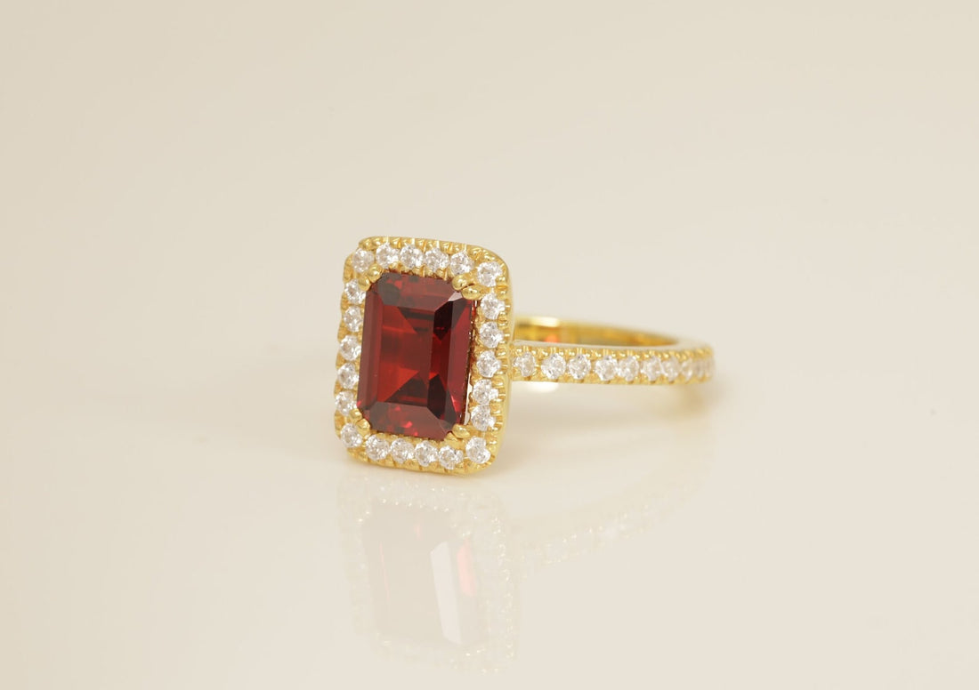 Diamond Halo Garnet Engagement Ring, January Birthstone Ring, Bridal Promise Ring, Anniversary Ring Gift for Her