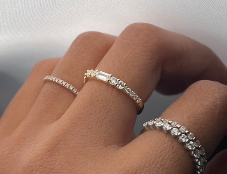 Baguette Diamond Wedding Ring, Unique Diamond Wedding Band, Stackable Diamond Ring, Anniversary Ring