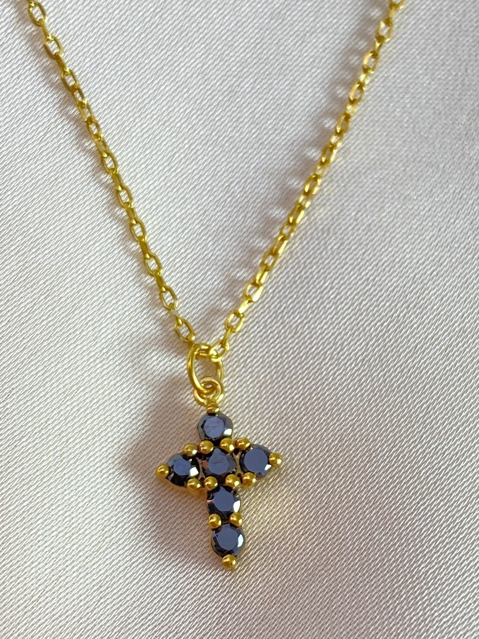 Blue Sapphire Necklace / Tiny Cross Pendant for Women / September Birthstone Necklace / Religious Necklace Gift