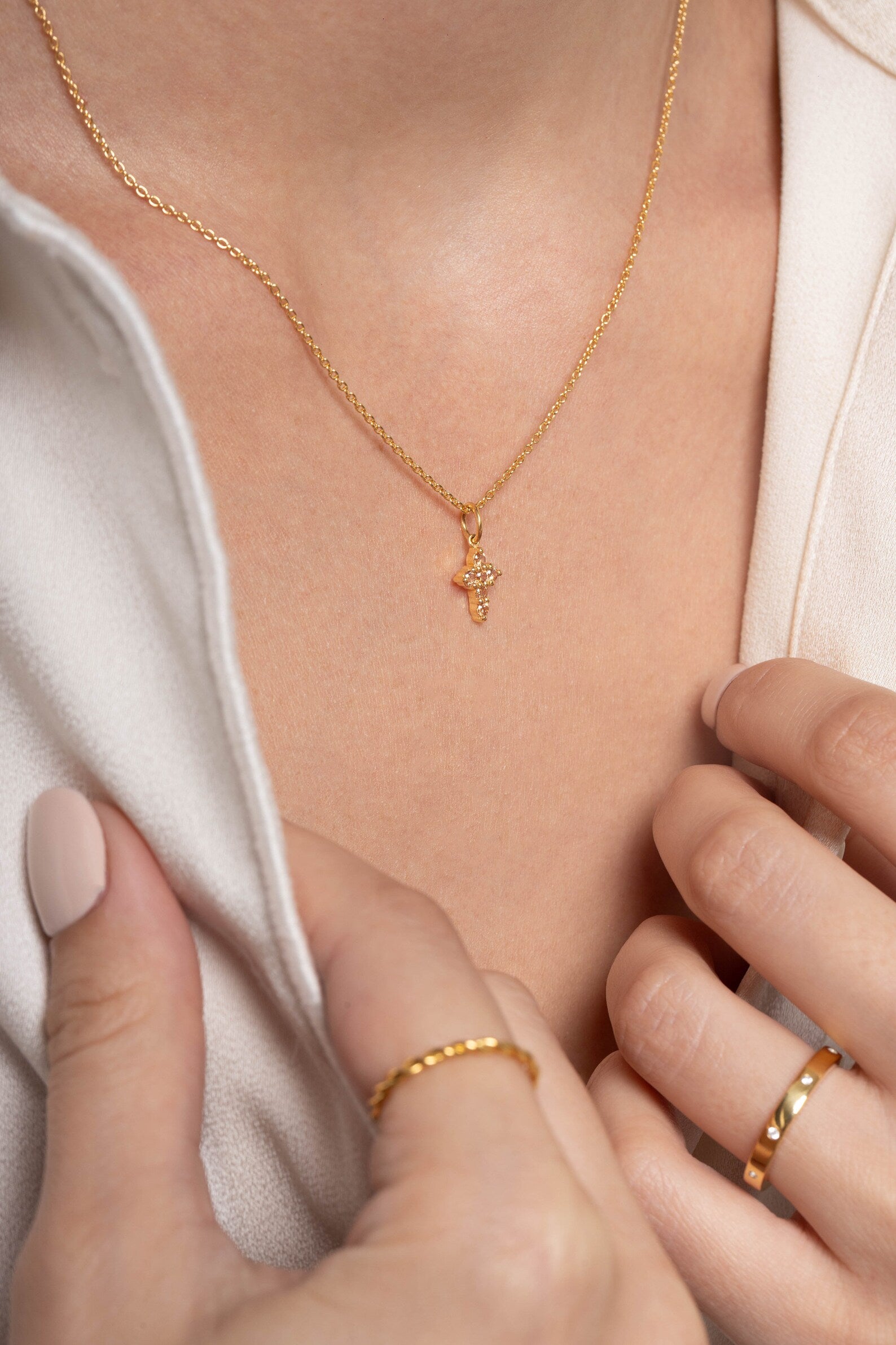 Citrine Necklace / Tiny Cross Pendant for Women / November Birthstone Necklace / Religious Necklace Gift