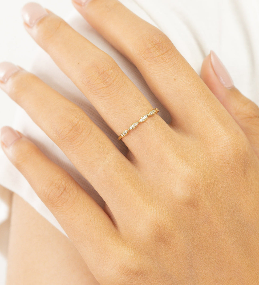 Marquise Shape Moissanite Wedding Ring, Half Eternity Moissanite Band, Vintage Art Deco Ring, Stacking Bridal Ring for Women
