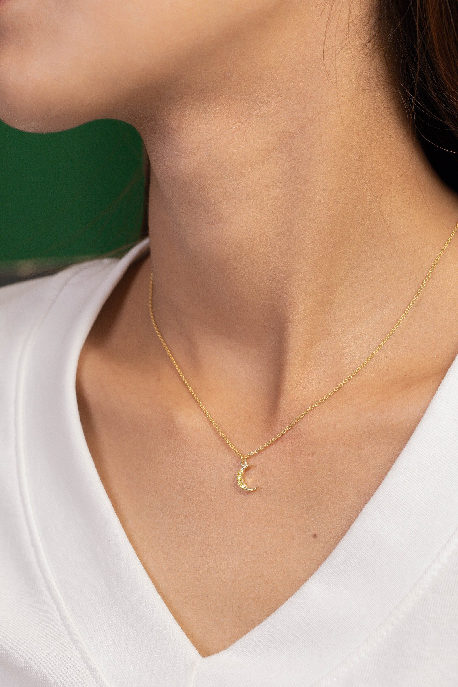 Crescent Moon Yellow Sapphire Necklace, September Birthstone Necklace, Unique Necklace Gift for Women, Crescent Charm
