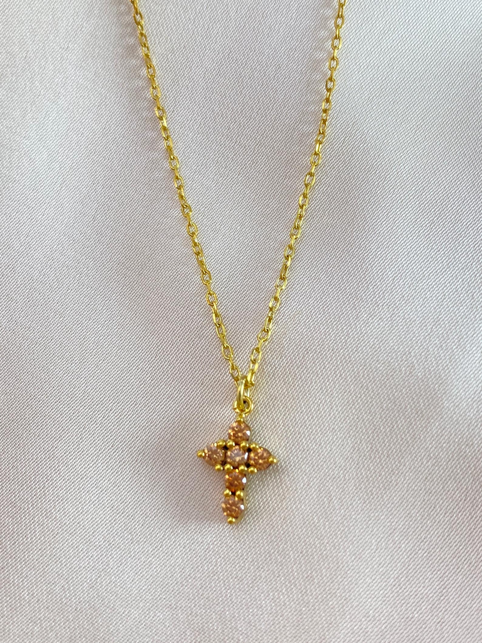 Citrine Necklace / Tiny Cross Pendant for Women / November Birthstone Necklace / Religious Necklace Gift