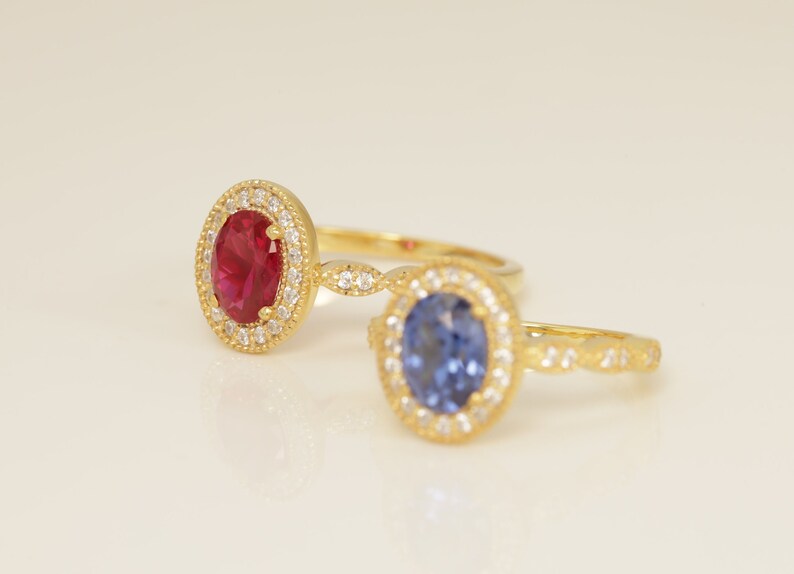 Diamond Halo Blue Sapphire Engagement Ring, September Birthstone Ring, Oval Shape Blue Sapphire Wedding Ring, Anniversary Ring