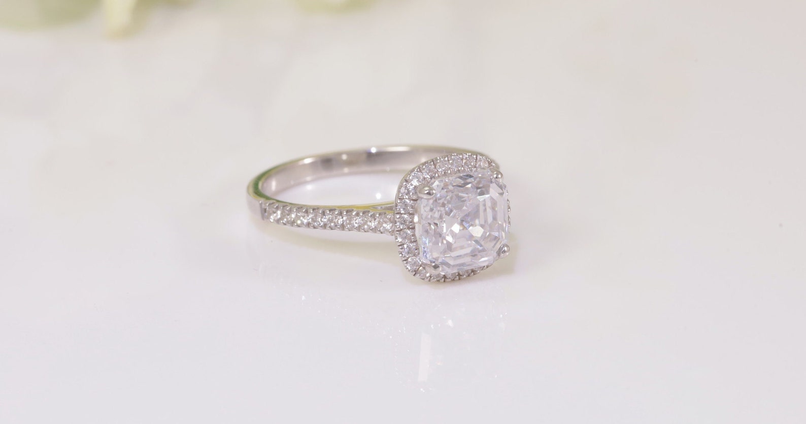 9x9mm Asscher Cut Diamond Halo Engagement Ring, 4.0 CT Diamond Proposal Ring for Her, Square Diamond Ring, Promise Ring