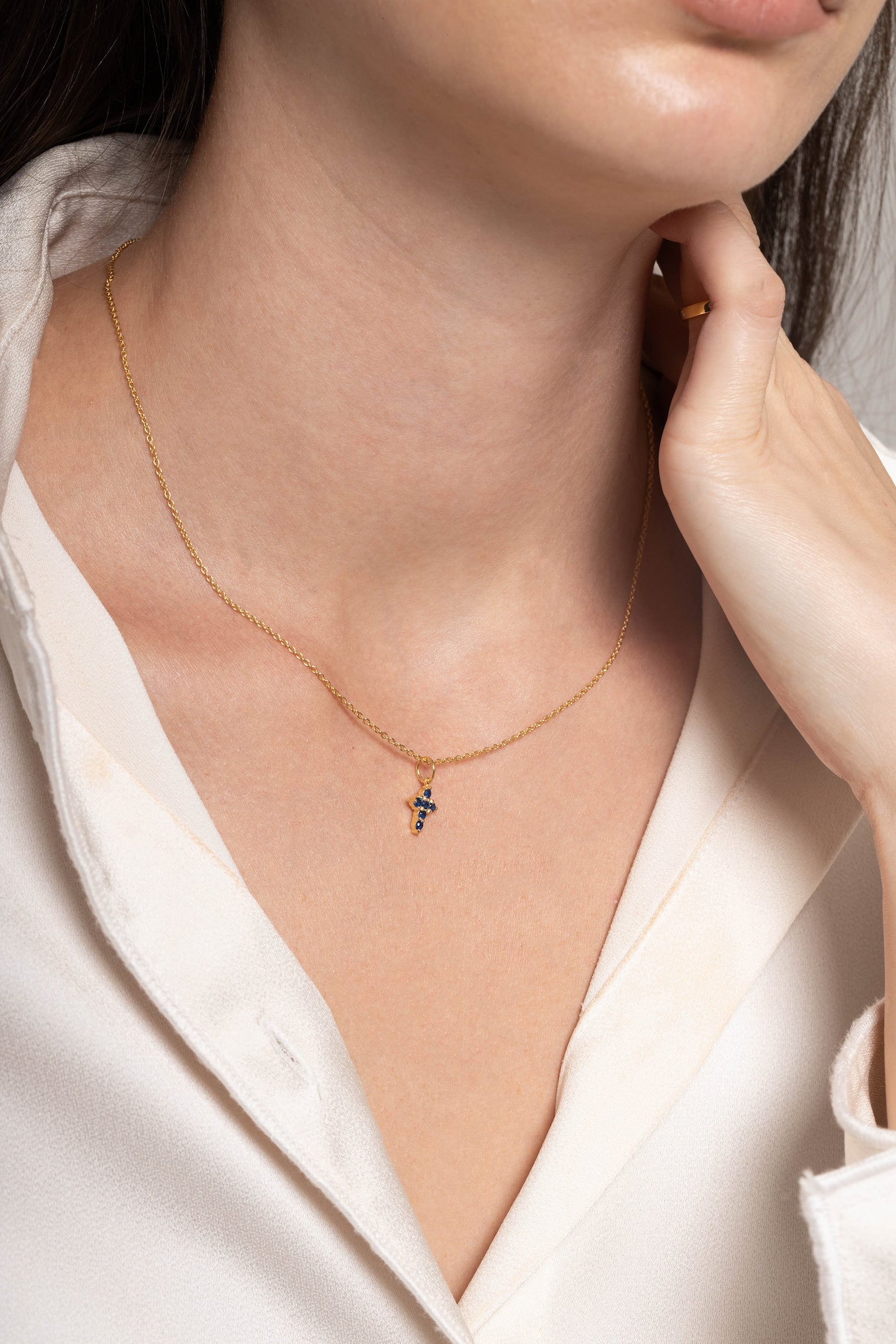 Blue Sapphire Necklace / Tiny Cross Pendant for Women / September Birthstone Necklace / Religious Necklace Gift