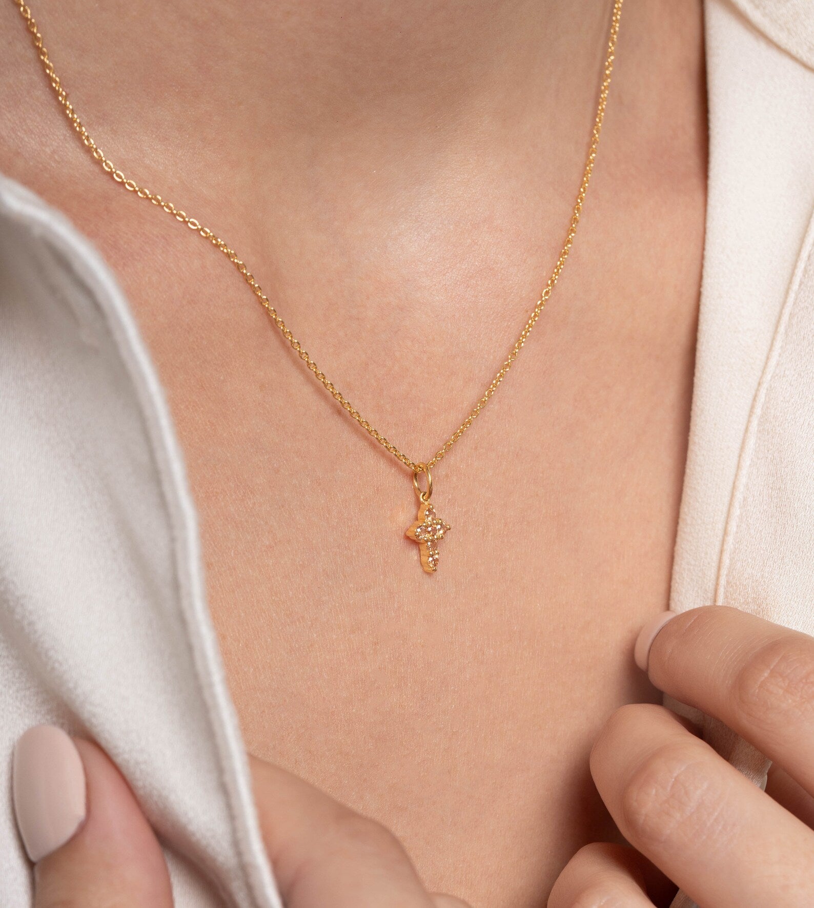 Citrine Necklace / Tiny Cross Pendant for Women / November Birthstone Necklace / Religious Necklace Gift