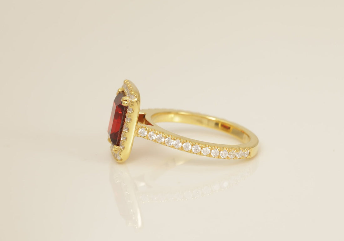 Diamond Halo Garnet Engagement Ring, January Birthstone Ring, Bridal Promise Ring, Anniversary Ring Gift for Her