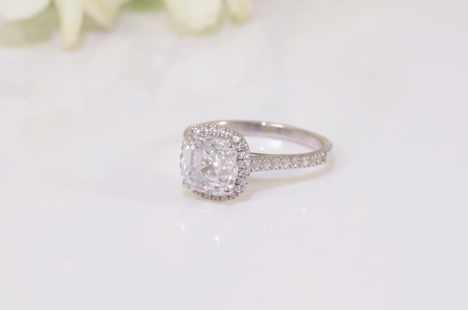 9x9mm Asscher Cut Diamond Halo Engagement Ring, 4.0 CT Diamond Proposal Ring for Her, Square Diamond Ring, Promise Ring