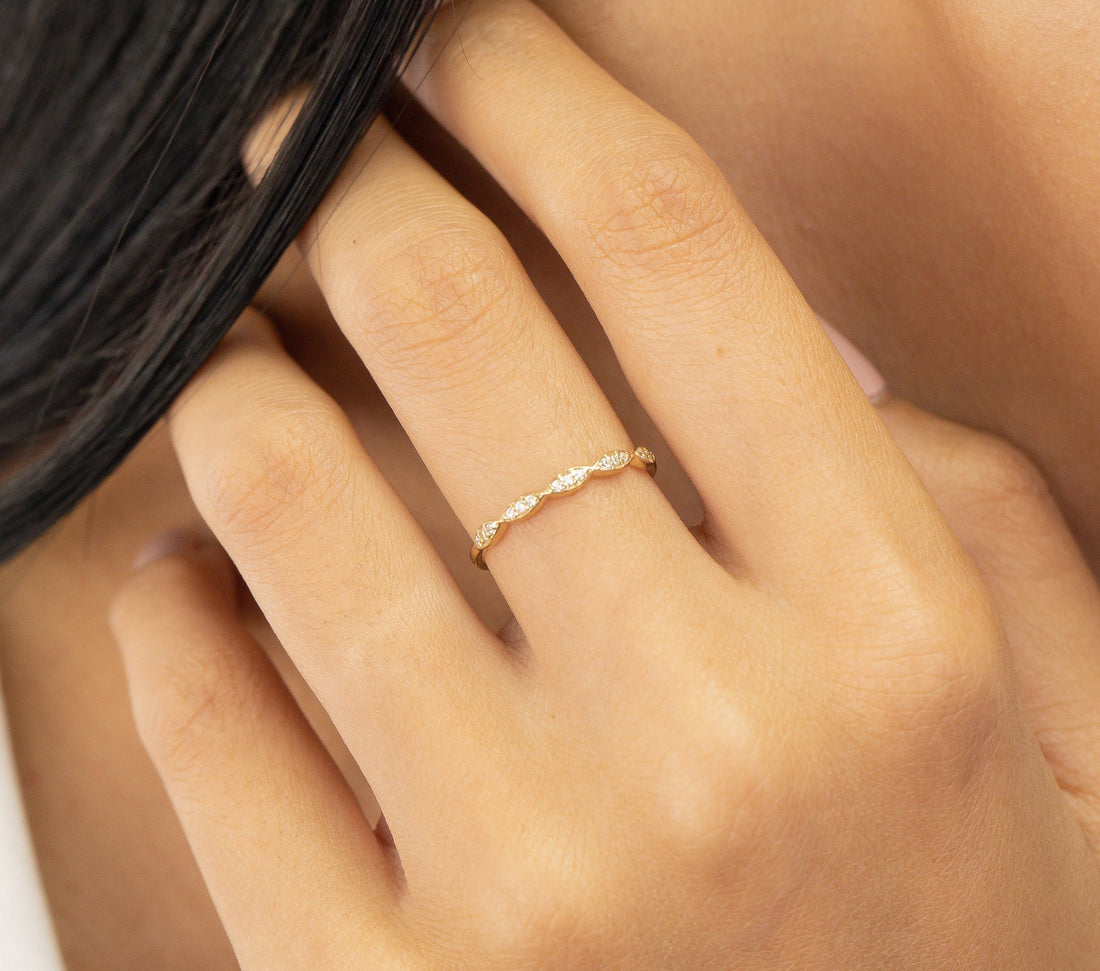 Marquise Shape Moissanite Wedding Ring, Half Eternity Moissanite Band, Vintage Art Deco Ring, Stacking Bridal Ring for Women