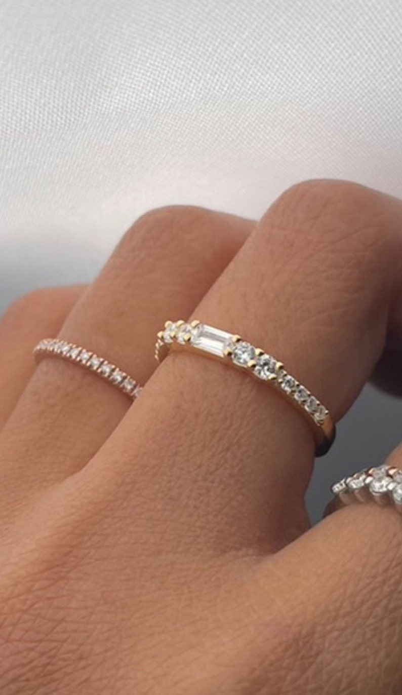 Baguette Diamond Wedding Ring, Unique Diamond Wedding Band, Stackable Diamond Ring, Anniversary Ring