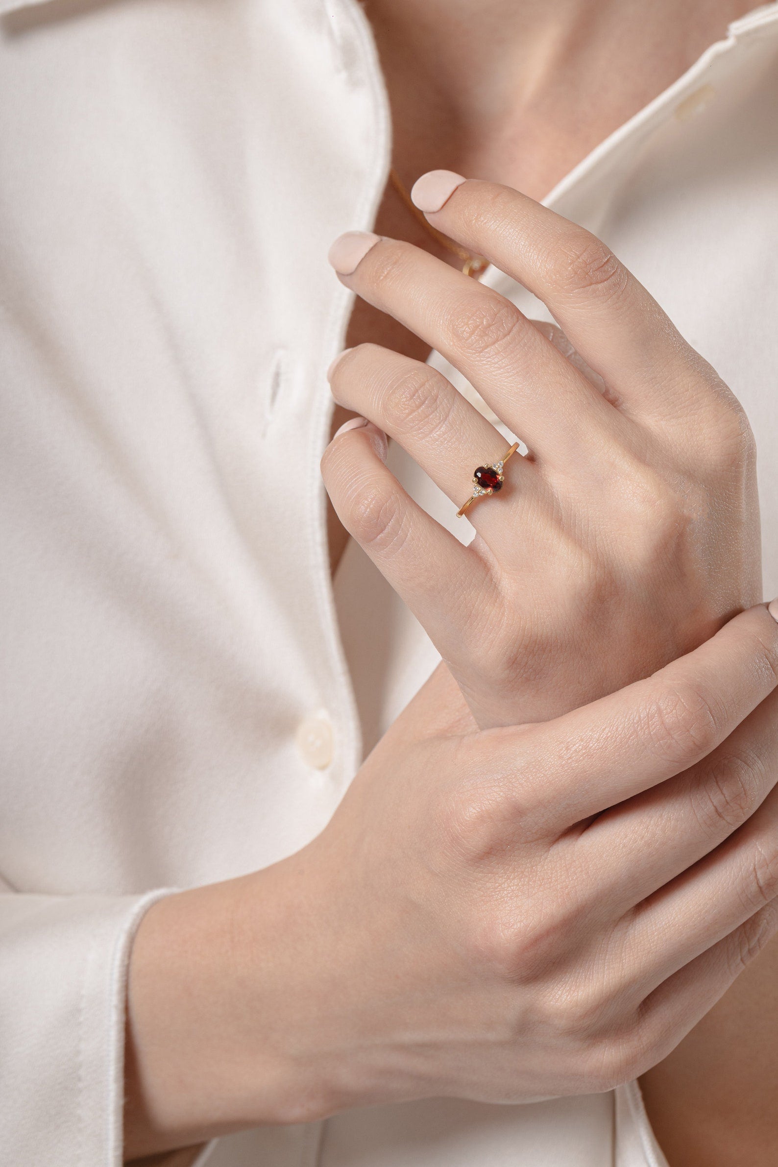 6x4mm Cluster Garnet Engagement Ring, Cluster Diamond Ring, Prong Set Oval Garnet Wedding Ring, January Birthstone Gift