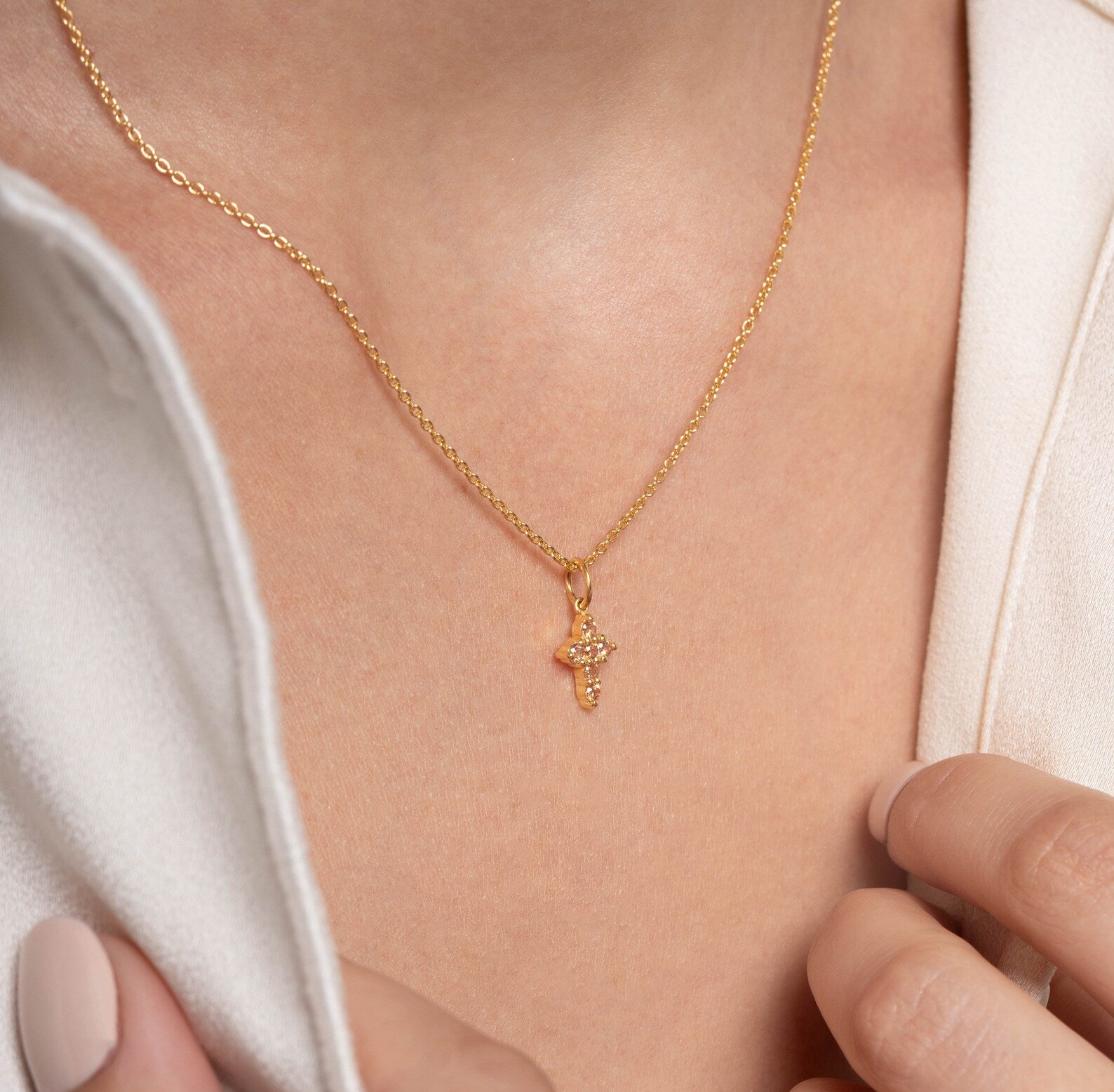 Citrine Necklace / Tiny Cross Pendant for Women / November Birthstone Necklace / Religious Necklace Gift