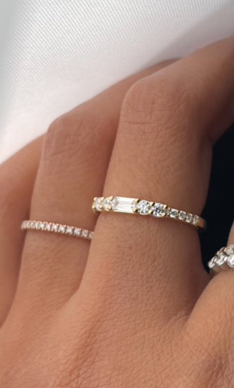 Baguette Diamond Wedding Ring, Unique Diamond Wedding Band, Stackable Diamond Ring, Anniversary Ring