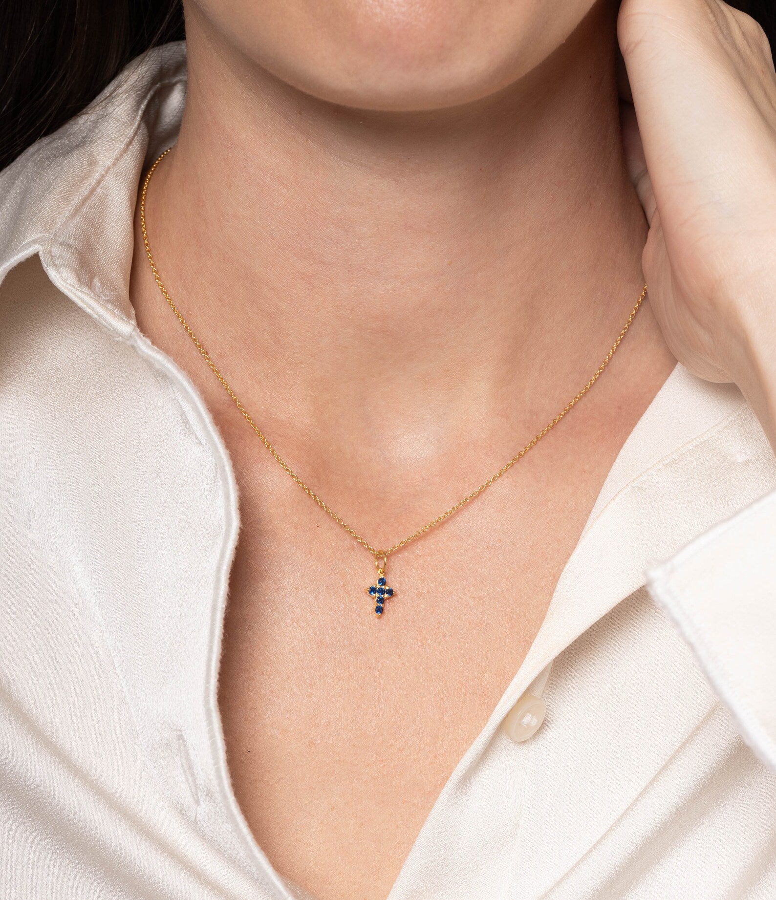 Blue Sapphire Necklace / Tiny Cross Pendant for Women / September Birthstone Necklace / Religious Necklace Gift