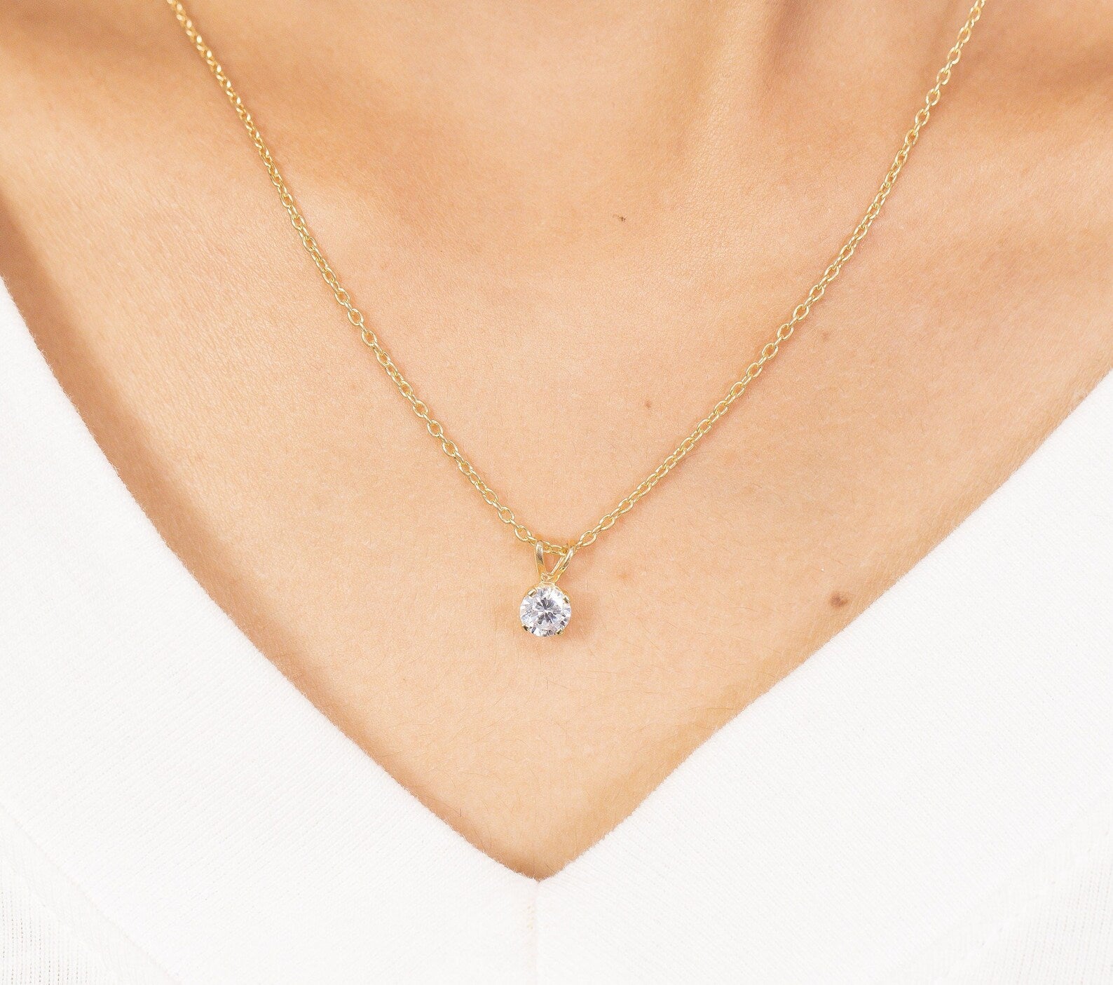 5mm Diamond Solitaire Necklace, Bezel Set Layered Necklace Gift for Her, Bridal Necklace