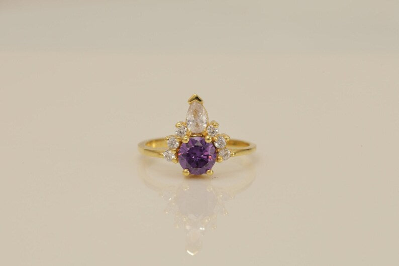 Amethyst & Diamond Crown Engagement Ring, February Birthstone Ring, Unique Amethyst Promise Ring, Crown Ring