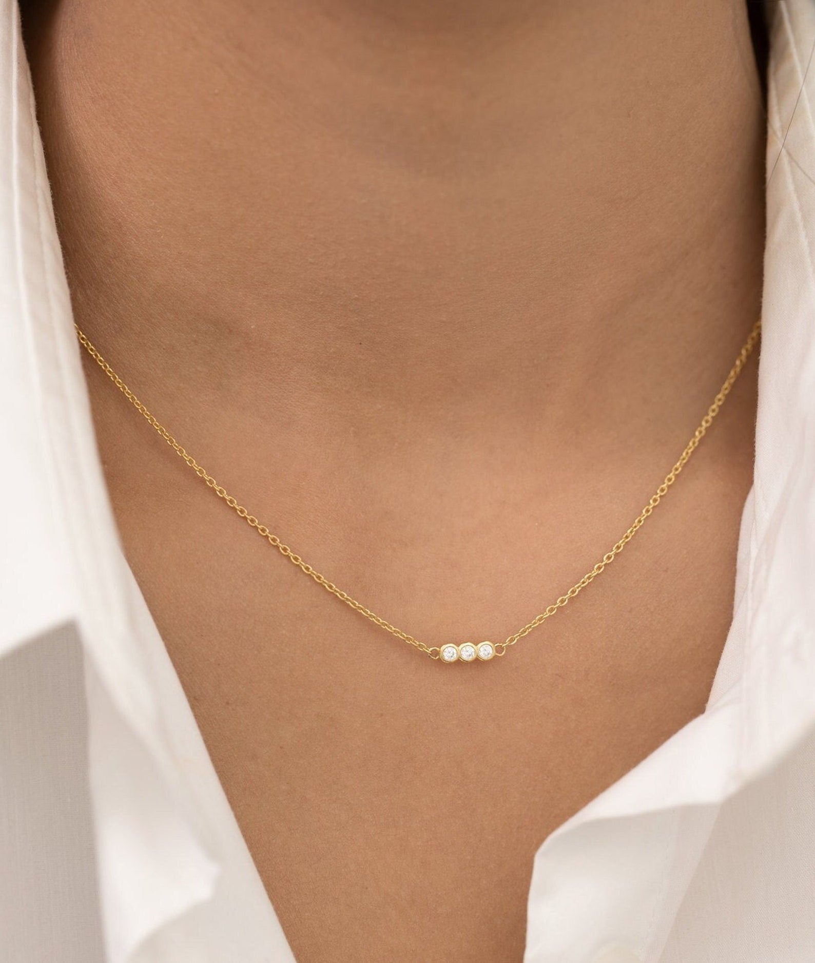 Trio Diamond Necklace, Bezel Set Diamond Necklace, Three Stone Pendant Necklace, Everyday Necklace, Anniversary Gift