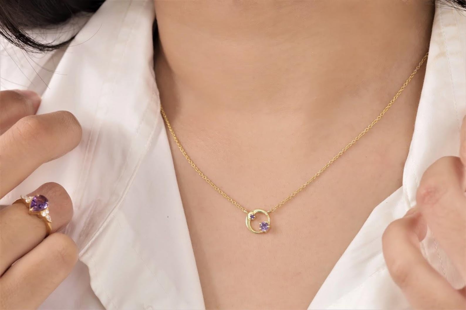 Amethyst Karma Circle Necklace, February Birthstone Necklace, Open Circle Karma Necklace, Minimalist Circle Necklace, Layering Necklace