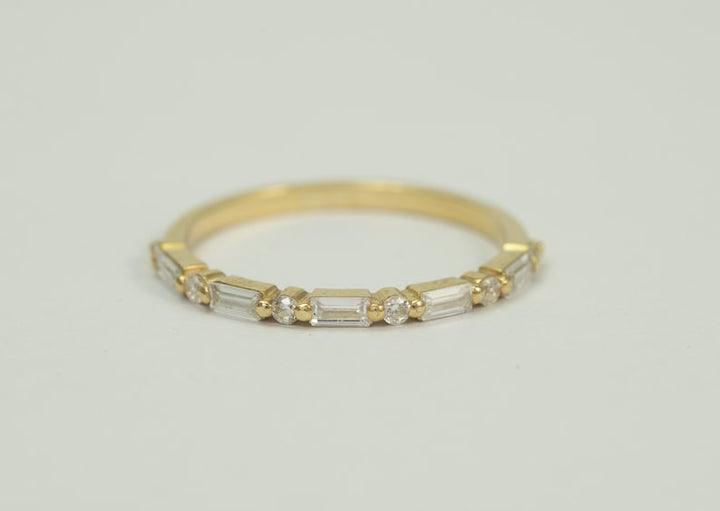 Baguette Diamond Wedding Ring, Alternating Baguette Diamond and Round Diamond Half Eternity Ring, Vintage Wedding Band