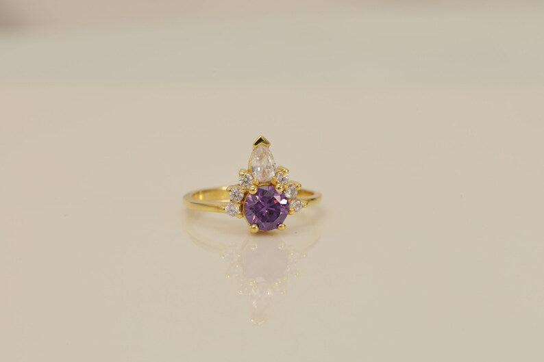 Amethyst & Diamond Crown Engagement Ring, February Birthstone Ring, Unique Amethyst Promise Ring, Crown Ring