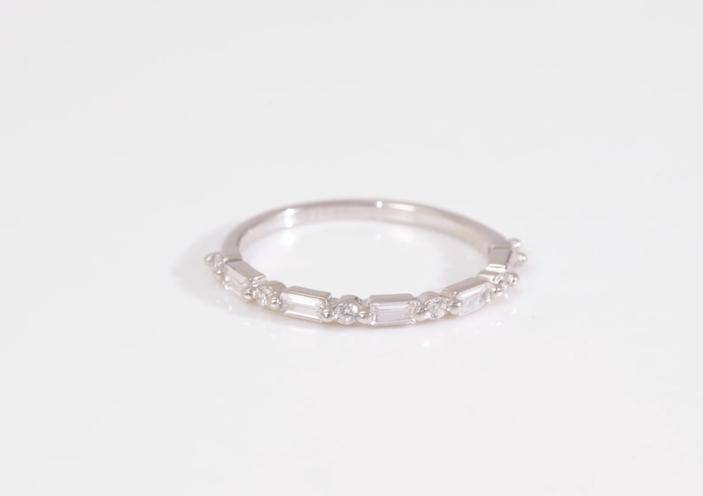 Baguette Diamond Wedding Ring, Alternating Baguette Diamond and Round Diamond Half Eternity Ring, Vintage Wedding Band