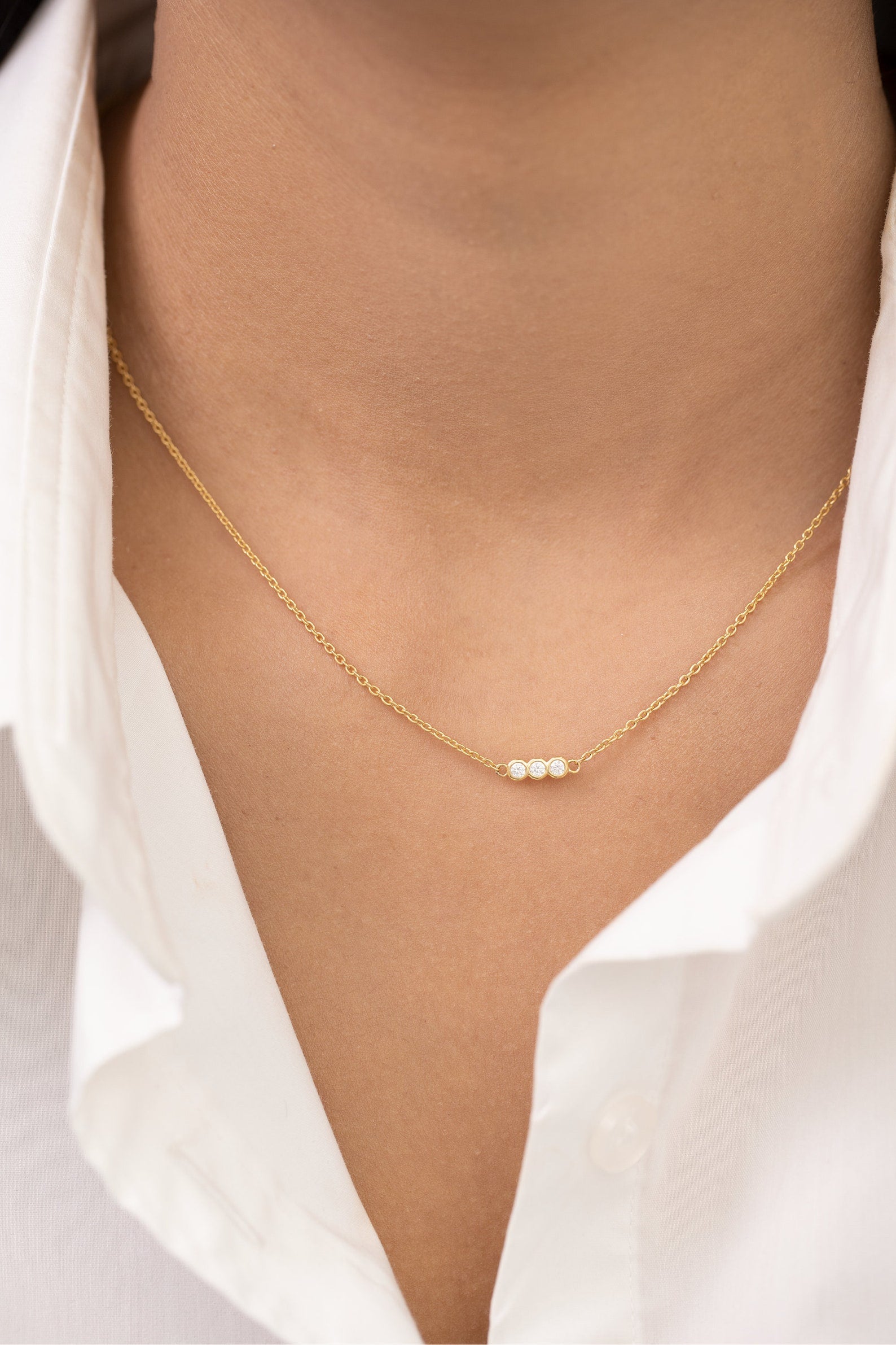 Trio Diamond Necklace, Bezel Set Diamond Necklace, Three Stone Pendant Necklace, Everyday Necklace, Anniversary Gift