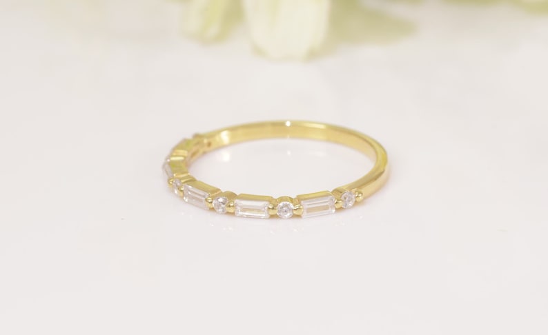 Baguette Diamond Wedding Ring, Alternating Baguette Diamond and Round Diamond Half Eternity Ring, Vintage Wedding Band