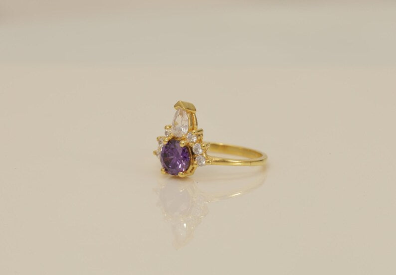 Amethyst & Diamond Crown Engagement Ring, February Birthstone Ring, Unique Amethyst Promise Ring, Crown Ring