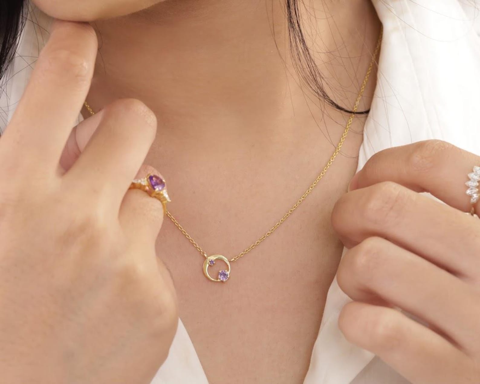 Amethyst Karma Circle Necklace, February Birthstone Necklace, Open Circle Karma Necklace, Minimalist Circle Necklace, Layering Necklace