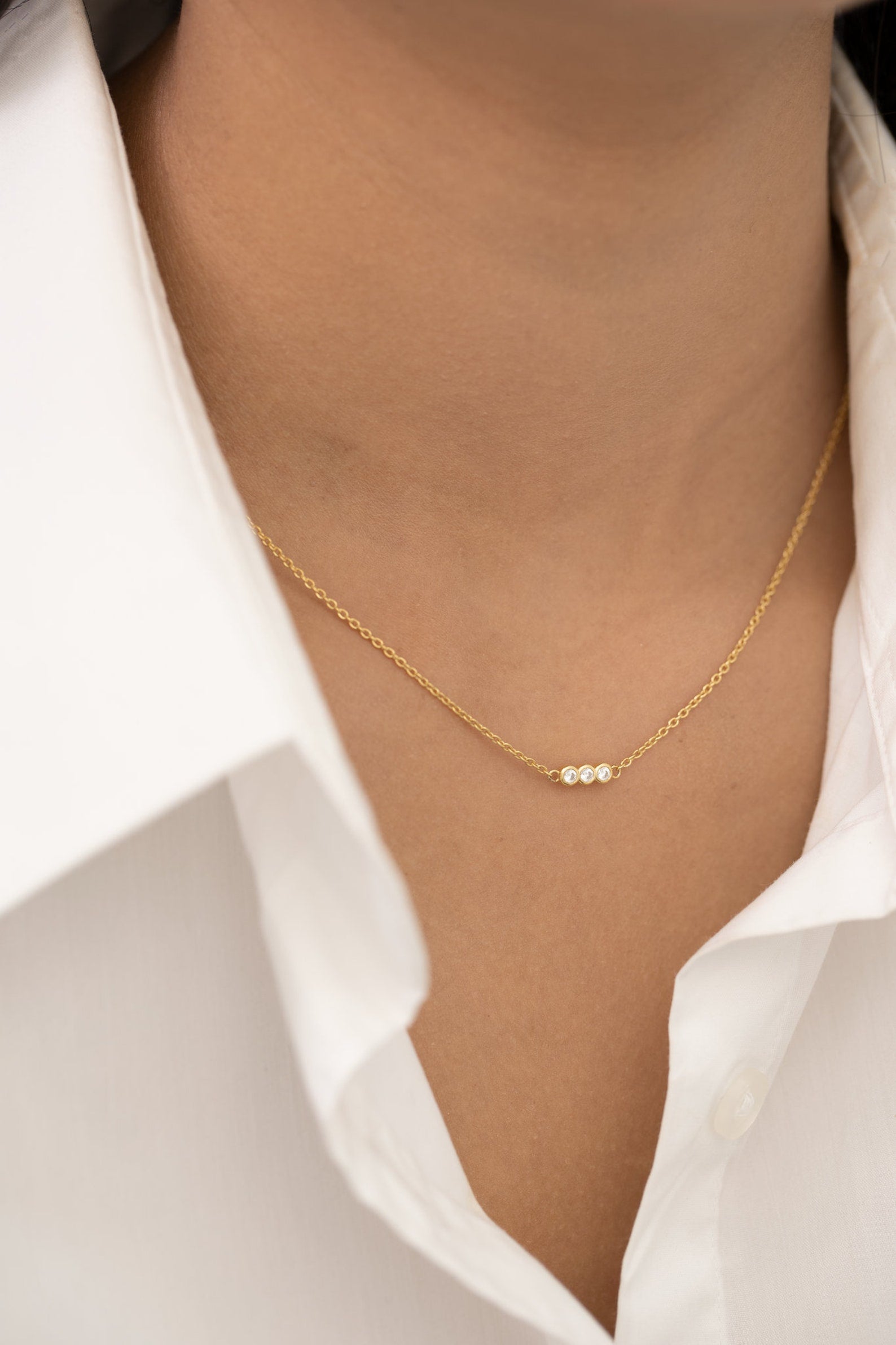 Trio Diamond Necklace, Bezel Set Diamond Necklace, Three Stone Pendant Necklace, Everyday Necklace, Anniversary Gift