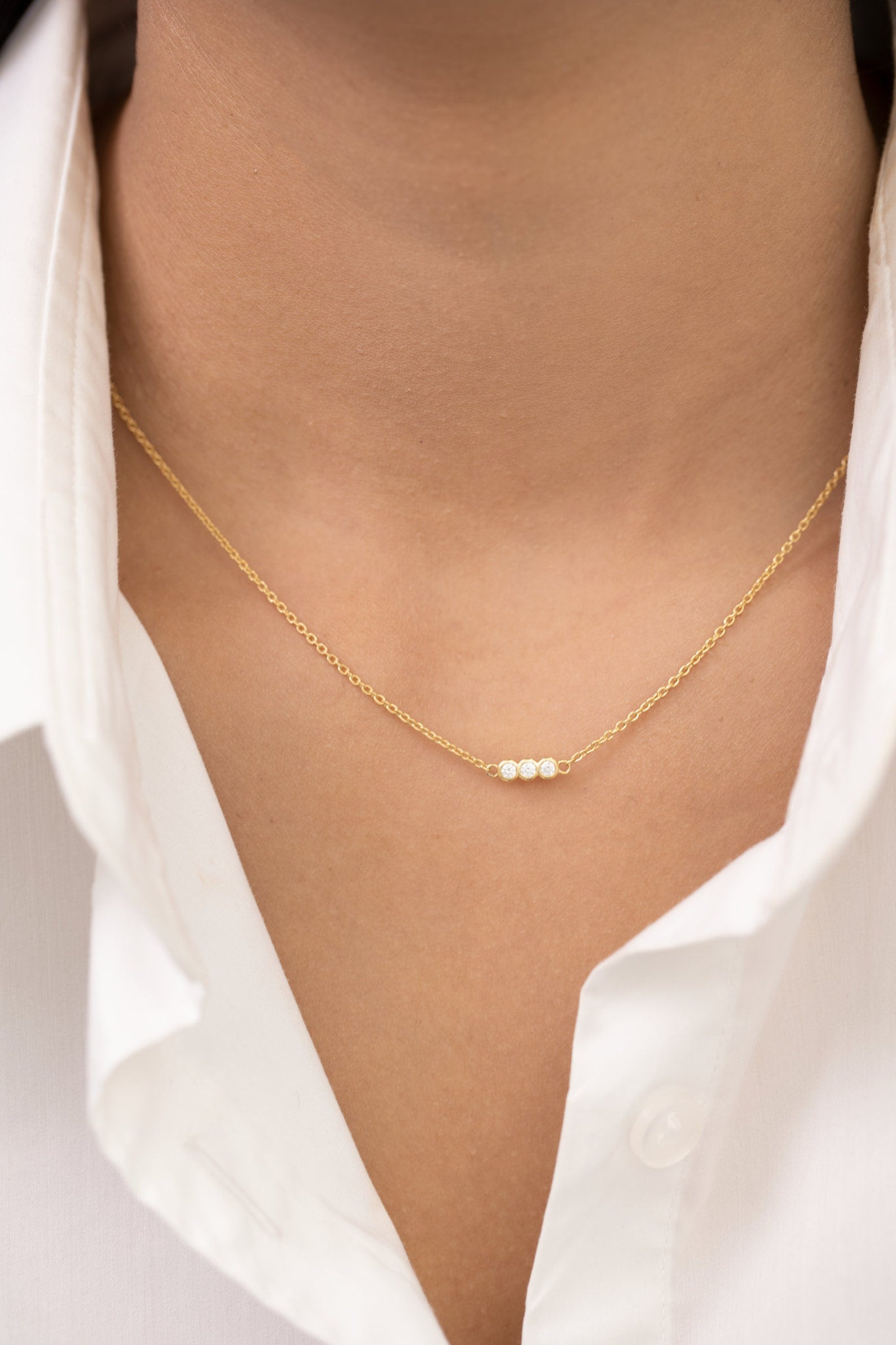 Trio Diamond Necklace, Bezel Set Diamond Necklace, Three Stone Pendant Necklace, Everyday Necklace, Anniversary Gift
