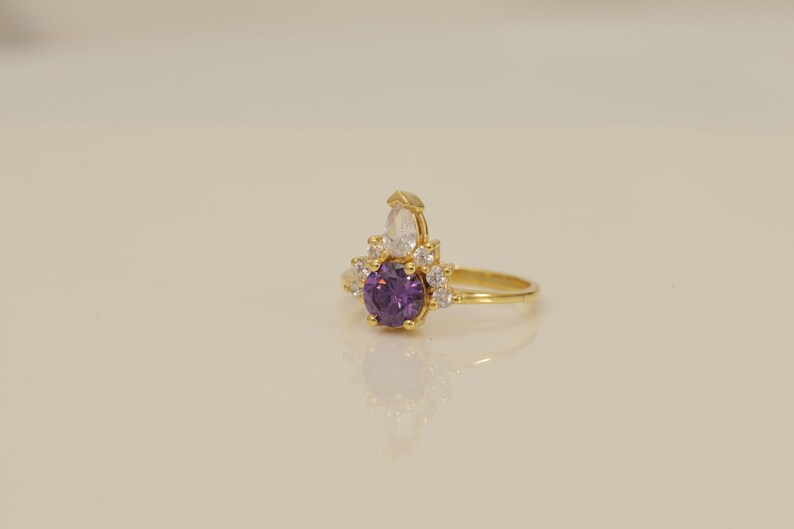 Amethyst & Diamond Crown Engagement Ring, February Birthstone Ring, Unique Amethyst Promise Ring, Crown Ring
