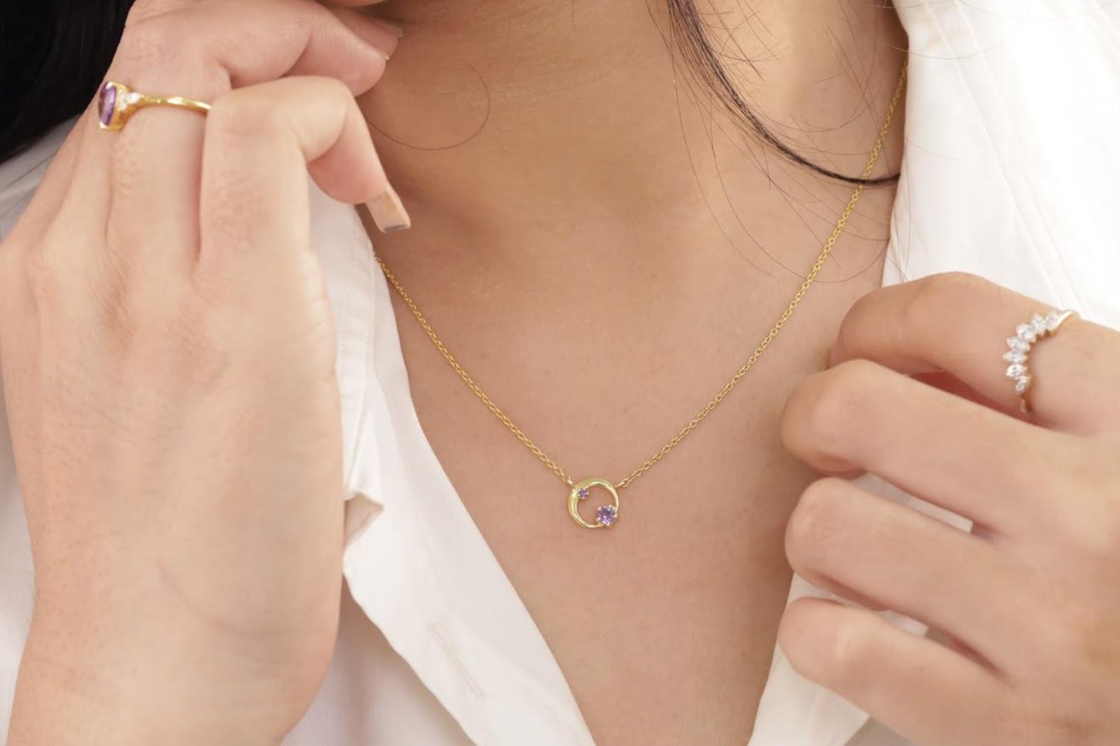 Amethyst Karma Circle Necklace, February Birthstone Necklace, Open Circle Karma Necklace, Minimalist Circle Necklace, Layering Necklace